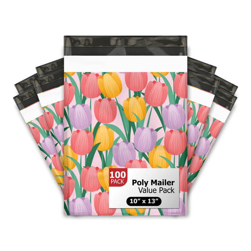 Pro Supply Global 10x13 (100) Trendy Tulip Flowers Floral Summer Designer Poly Mailers Waterproof Self Sealing Tear Resistant Polymailers Shipping Envelopes Premium Printed Bags For Small Businesses - Image 1